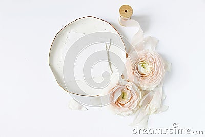 Feminine wedding, birthday desktop mock-up scene. Porcelain plate, blank craft paper greeting cards, silk ribbon, blush Stock Photo