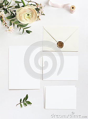 Feminine wedding, birthday desktop mock-ups. Blank greeting cards, envelope. Eucalyptus branches, pink cherry tree Stock Photo