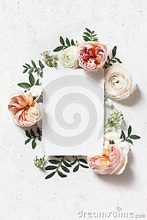 Feminine wedding, birthday mock-up scene. Blank paper greeting card. Floral frame of blush pink English roses Stock Photo