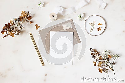 Feminine winter wedding, birthday stationery mock-ups scene. Blank greeting card, kraft envelope, golden pen, dry Stock Photo