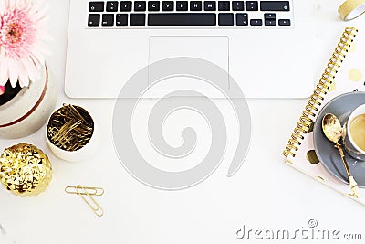 Feminine workplace concept in flat lay style with laptop, coffee Stock Photo