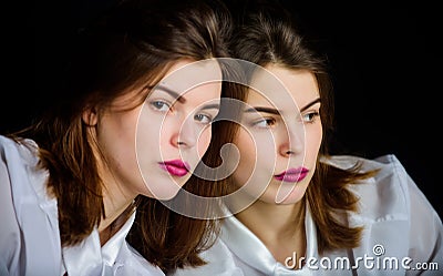 Femininity. Reflexion girl looking in mirror. Appearance concept. Beauty treatment and skin care concept. Woman makeup Stock Photo