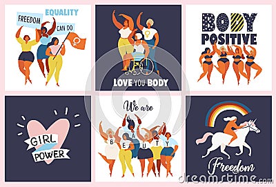 Feminism body positive cards with love to own figure, female freedom, girl power isolated illustration Vector Illustration