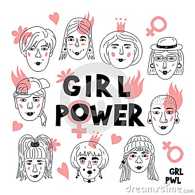 Feminism poster Girl power card. Women`s faces, Informal girls, Punk rock women Feminists. Creative hand-drawn Vector Illustration