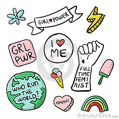 Feminism slogan and patches. Vector 80s style design. Retro pop stickers and badge. Girl power. Full time feminist Vector Illustration