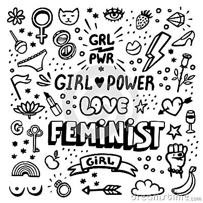 Feminism symbols icon set. Feminist movement, protest, girl power. Black and white Vector illustration. Vector Illustration