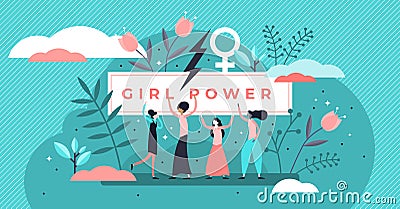 Feminism vector illustration. Tiny woman gender movement persons concept. Vector Illustration