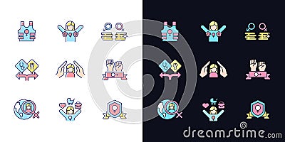 Feminist activity light and dark theme RGB color icons set Vector Illustration