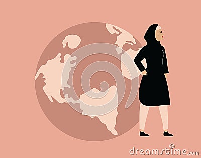 Feminist Arab middle east woman standing next to the world globe. International activist and feminism day. Vector Illustration