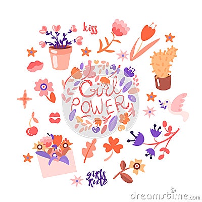 Feminist and cute girl power illustration set. Girls portraits, flowers, stickers, sweets with floral decoration. Cute Vector Illustration