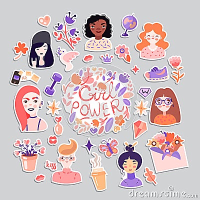 Feminist and cute girl power illustration set. Girls portraits, flowers, stickers, sweets with floral decoration. Cute Vector Illustration