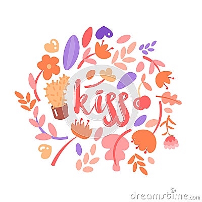 Feminist and cute girl power illustration set with lettering Kiss. Flowers, stickers, sweets with floral decoration Vector Illustration