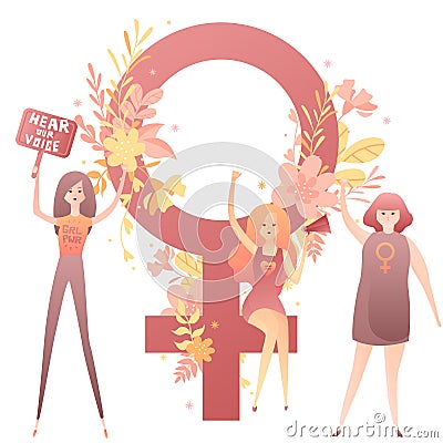 Feminist girls fight for women`s rights with banners, girl power Vector Illustration