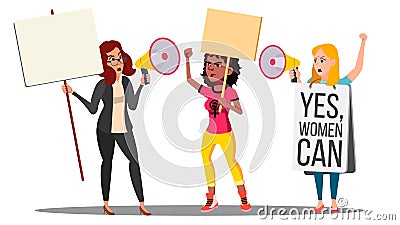 Feminist Girls At Protest Action For Women s Rights Vector. Isolated Illustration Vector Illustration