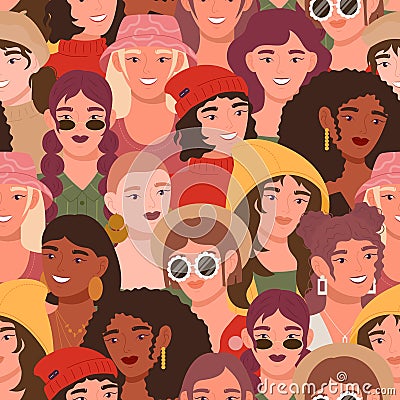 Feminist movement, women parade pattern. Happy femmes faces, multicultural girls together. People community. Decor Vector Illustration