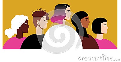 Feminist Women, Flat Vector Stock Illustration with Women Together, Different Ethnic Group, African Person, Young, Old, Islamic Stock Photo