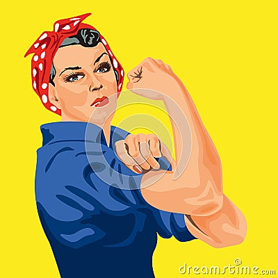 Feminist symbol with this famous woman in red scarf with white dots, rolling up her sleeve to participate in the war effort. Stock Photo