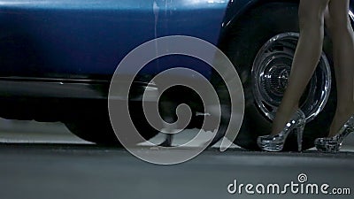 Femme ouvrant les portières de voiture de Corvette et présentant le bouledogue français d'ater de voiture Femme ouvrant les portières de voiture de Corvette et présentant le bouledogue français d'ater de voiture