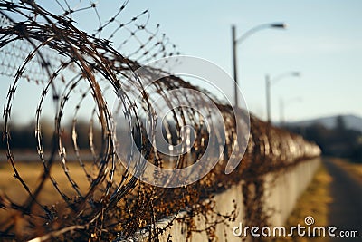 Fence adorned with barbed wire, marking a restricted zone perimeter Stock Photo