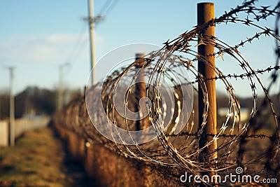 Fence adorned with barbed wire, marking a restricted zone perimeter Stock Photo