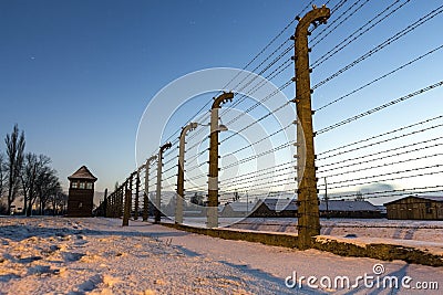 Fence around concentration camp of Auschwitz Birkenau, Poland Editorial Stock Photo