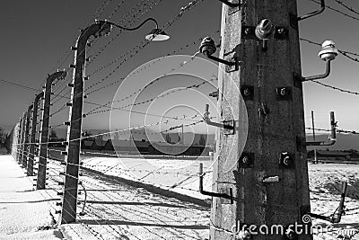 Fence around concentration camp of Auschwitz Birkenau, Poland Editorial Stock Photo