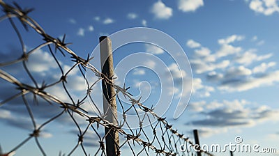 A fence of barbed wire against a blue sky with cirrus clouds. Chains on the Horizon. Generative AI Stock Photo