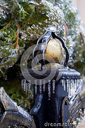 Fence frozen in ice Stock Photo