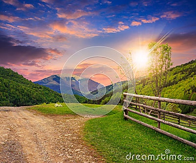 Fence on hillside meadow in mountain at sunset Stock Photo