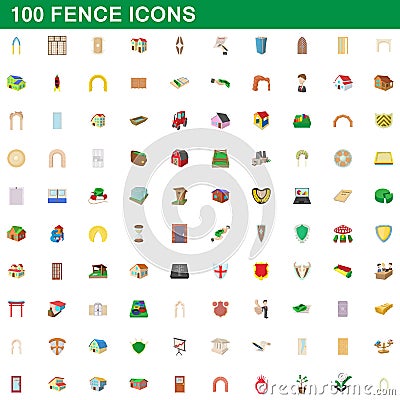 100 fence icons set, cartoon style Vector Illustration