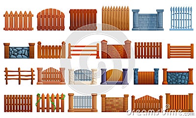 Fence icons set, cartoon style Vector Illustration