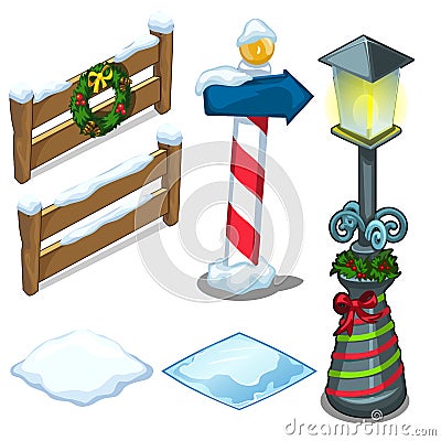 Fence, lamp, street sign decorated for Christmas Vector Illustration