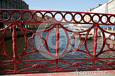 Fence red iron bridge in St. Petersburg Stock Photo