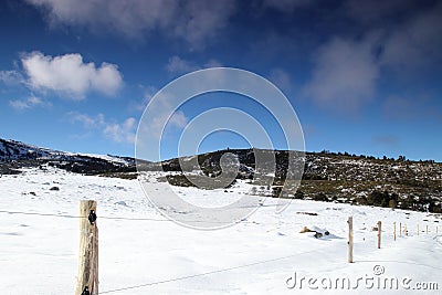 Fence in snowy landscape in Pyrenees Stock Photo