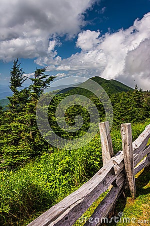 Fence and view of the Appalachians from Mount Mitchell, North Ca Stock Photo