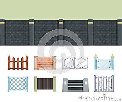 Fence. Wooden and brick fences for village farm vector outdoor elements for residential house building Vector Illustration