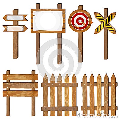 Fence, wooden signboards, arrow sign, target dart Vector Illustration