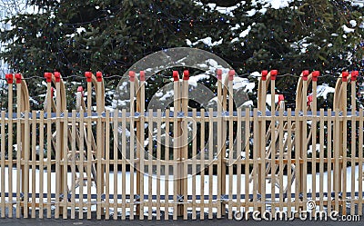A fence of wooden sledges with a cristmas tree in the background Stock Photo