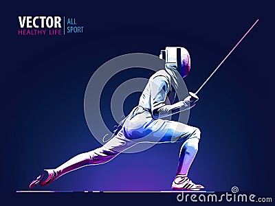 Fencer. Man wearing fencing suit practicing with sword. Sports arena and lense-flares. Neon effect. Vector illustration. Vector Illustration