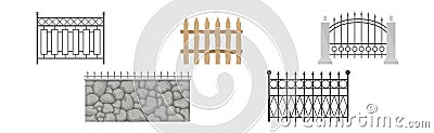 Fences as Outdoor Structure for Enclosing Private Area Vector Set Vector Illustration