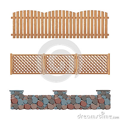 Fences collection wooden stone and plastic fence Vector Illustration