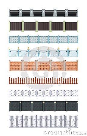 Fences seamless. Traditional wooden brick metal and wooden fence wall for village vector outdoor farm elements Vector Illustration