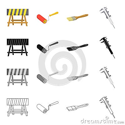 Fencing at the construction site, repair roller, paintbrush, calipers. Construction and repair set collection icons in Vector Illustration