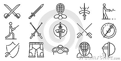 Fencing icons set, outline style Vector Illustration