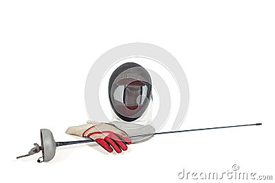 Fencing mask, sword and gloves on white background Stock Photo