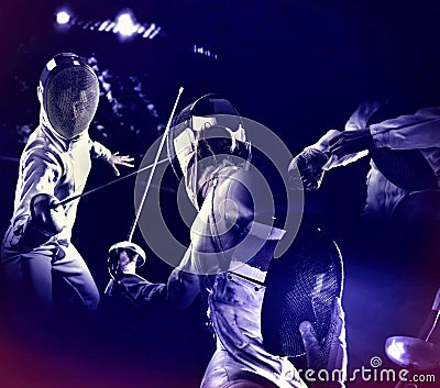 Fencing sport for women epee fencer. Ultraviolet background. Stock Photo