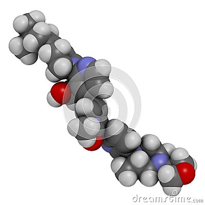 Fenebrutinib drug molecule. 3D rendering. Atoms are represented as spheres with conventional color coding: hydrogen white, Stock Photo