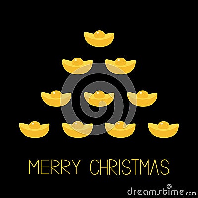 Feng shui Gold Ingot. Golden bar spruce fir tree. Merry Christmas. Flat design. Black background Greeting card. Vector Illustration