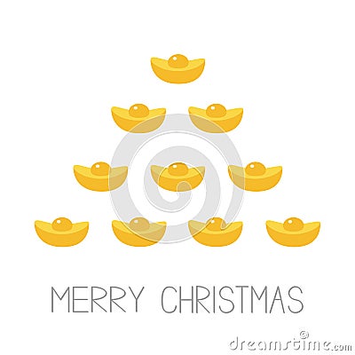 Feng shui Gold Ingot. Golden bar spruce fir tree. Merry Christmas. Flat design. White background Greeting card. Vector Illustration