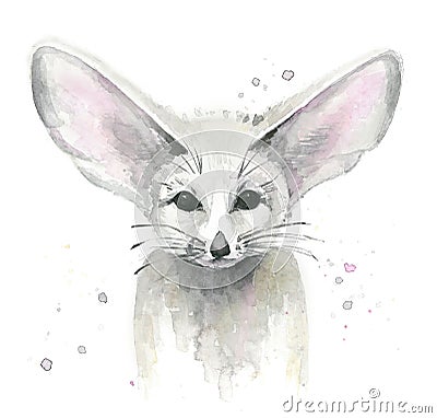 Fennec fox. Animal portrait. Watercolour illustration isolated on white background. Cartoon Illustration